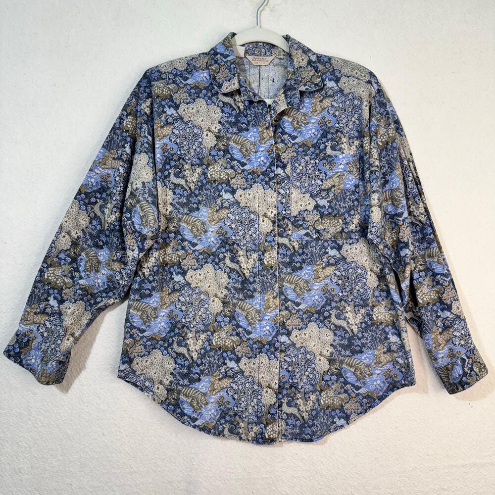 Gotcha Covered Blue Jacquard Tiger Deer Tapestry VTG Button-Up Size Medium Boho